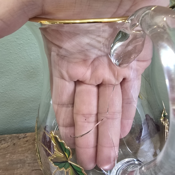 Romanian Stained Glass Pitcher with Grape and Leaf Design With 22k Gold Trim - Picture 3 of 6